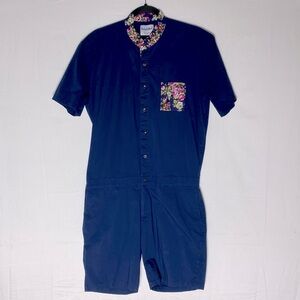 Romper Jack Navy Blue With Floral Trim Button Up Short Sleeve Jumpsuit M
